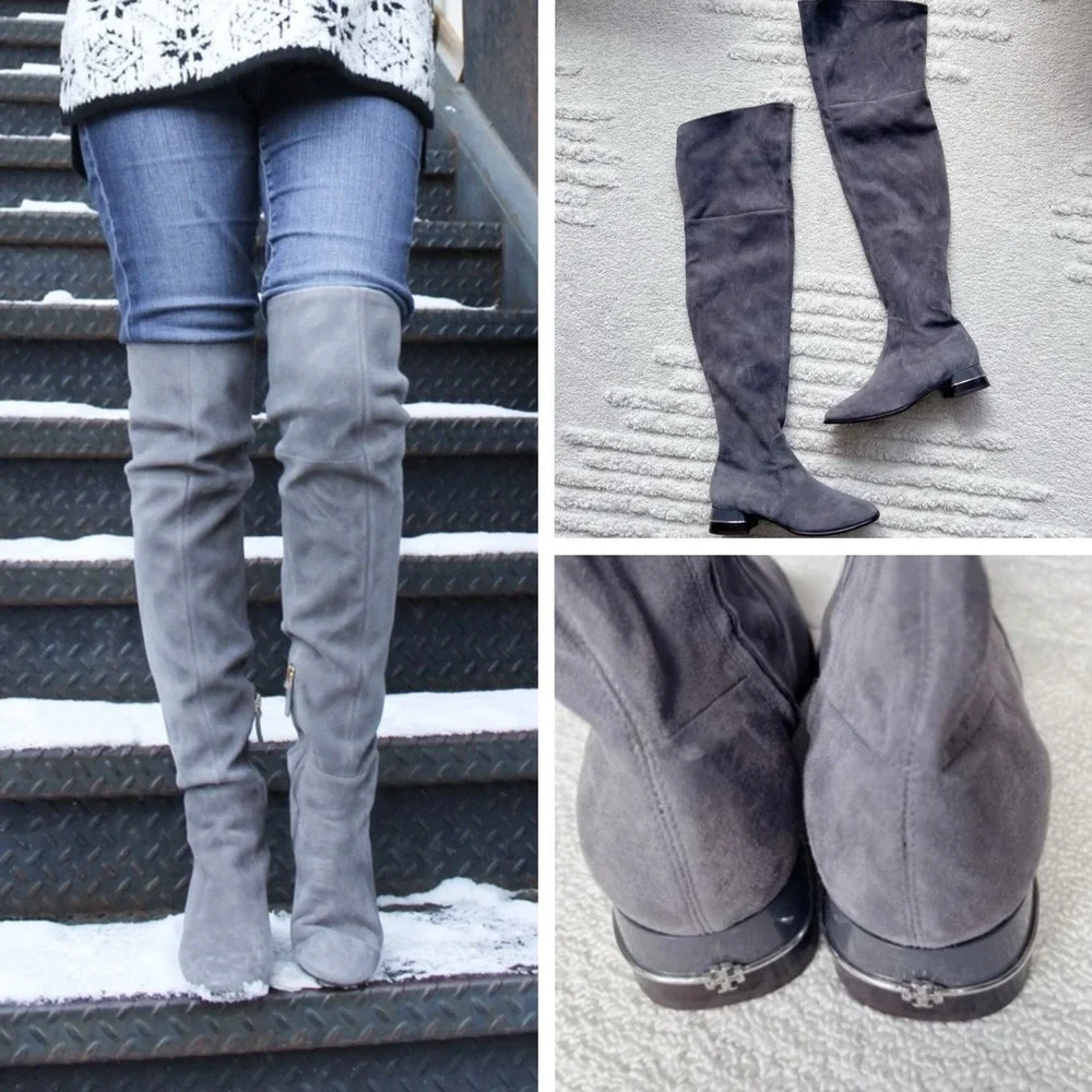 Tory Burch MULTI LOGO STRETCH Over The Knee Boots OTK Gray Suede Low Heel US 7.5